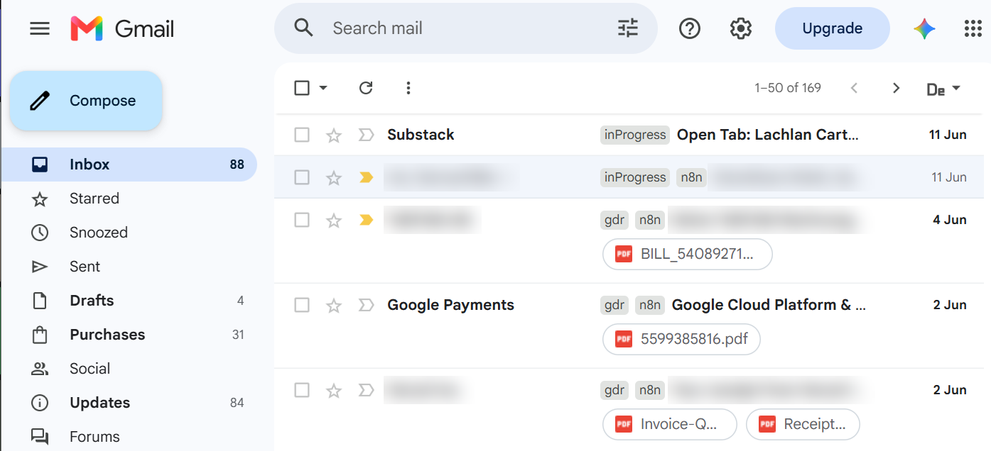 Gmail inbox showing the n8n attachment workflow's labels on each email: messages tagged gdr and n8n with PDF invoice and receipt attachments filed to Google Drive, and one tagged only inProgress.
